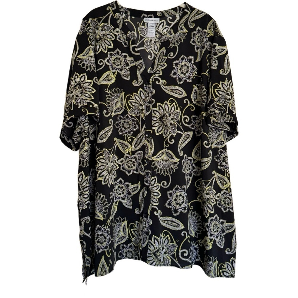 Catherines Button Down Shirt Size 3X, 30/32 Black White Green Paisley Floral Top